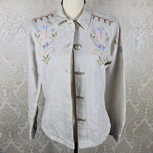 Studio West Size XS Cream Linen/Cotton Jacket Button Front Floral Embroidery